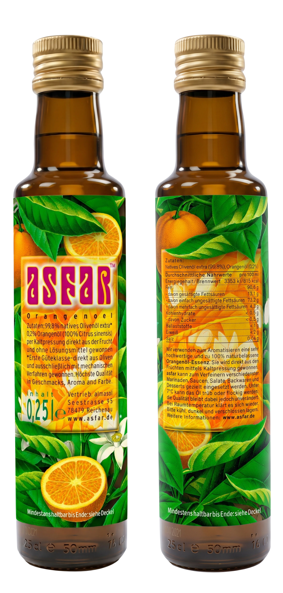 asfar Orangenoel: Zutaten:99,8%nativesOlivenölextra* 0,2%Orangenöl(100%Citrussinensis) per Kaltpressung direkt aus der Frucht und ohne Lösungsmittel gewonnen *Erste Güteklasse–direkt aus Oliven und ausschließlich mit mechanischen Verfahren gewonnen. Höchste Qualität in Geschmack, Aroma und Farbe.