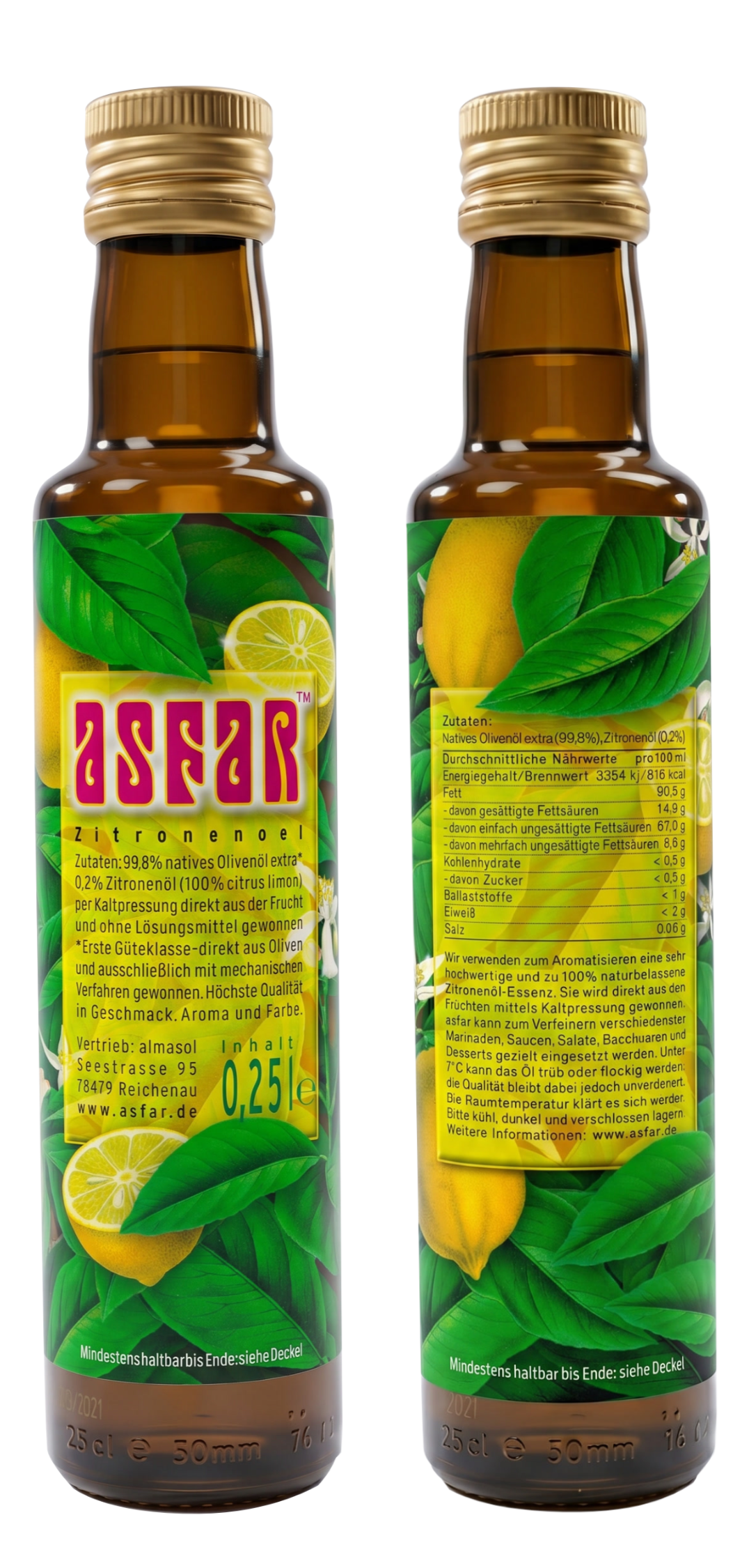 asfar Zitronenoel: Zutaten:99,8%nativesOlivenölextra* 0,2%Zitronenöl(100%citruslimon) per Kaltpressung direkt aus derFrucht und ohne Lösungsmittel gewonnen *Erste Güteklasse–direkt aus Oliven und ausschließlich mit mechanischen Verfahren gewonnen. Höchste Qualität in Geschmack, Aroma und Farbe.