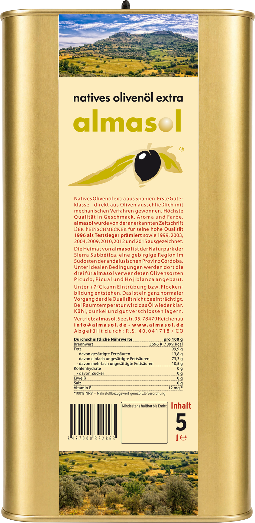 Unsere Premium-Marke almasol wurde von der Gourmet-Zeitschrift DER FEINSCHMECKER mehrfach für seine hervorragende Qualität ausgezeichnet. Die Heimat von almasol Olivenöl ist der Naturpark der Sierra Subbética, eine gebirgige Region im Südosten der spanischen Provinz Córdoba. Die fein aufeinander abgestimmte Auswahl und Zusammenstellung der Oliven ist Garant für den unverwechselbar delikat-fruchtigen Geschmack von almasol.